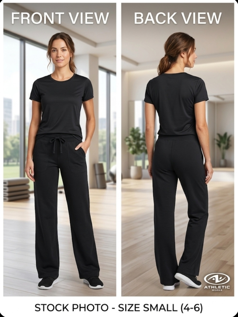 NWOT Athletic Works Black Wide Leg Yoga Pants- Women Small (4-6) Drawstring